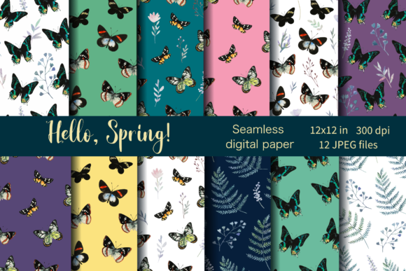 Digital Paper with Butterflies Flowers